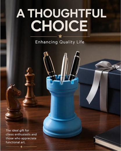 Chess Rook Pen Holder, 3D Printed Chess Piece Desk Organizer for Home Office Decor, Black (Blue)