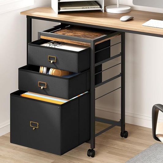 Garvee File Cabinet with 3 Drawers, Mobile Filing Cabinet Fits Letter Size or A4, Fabric Vertical File on Wheels, Home Office Small Under Desk Filing Storage Cabinets, Black