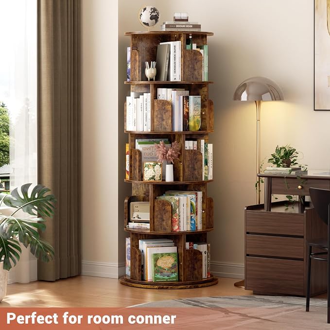 Besiost Rotating Bookshelf Tower, 5 Tier Spinning Bookcase, Revolving 360 Book Shelf Narrow Tall Bookcase, Vertical Turning Round Bookshelf Organizer, Corner Book Shelf for Small Space, Rustic Brown