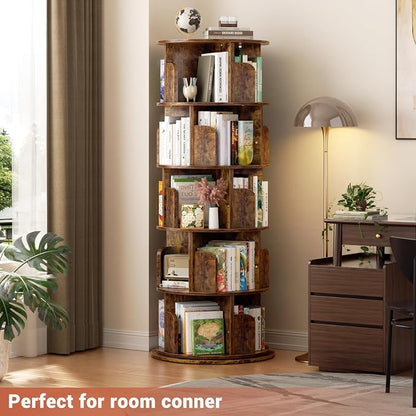 Besiost Rotating Bookshelf Tower, 5 Tier Spinning Bookcase, Revolving 360 Book Shelf Narrow Tall Bookcase, Vertical Turning Round Bookshelf Organizer, Corner Book Shelf for Small Space, Rustic Brown