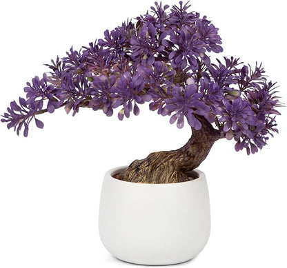 Fake Bonsai Tree Zen Juniper Bonsai Plant 10” Tall Artificial Bonsai Trees with White Ceramic Pot Decorated with Pebbles Desk Plant Indoor Bonsai for Home Office Decor Purple