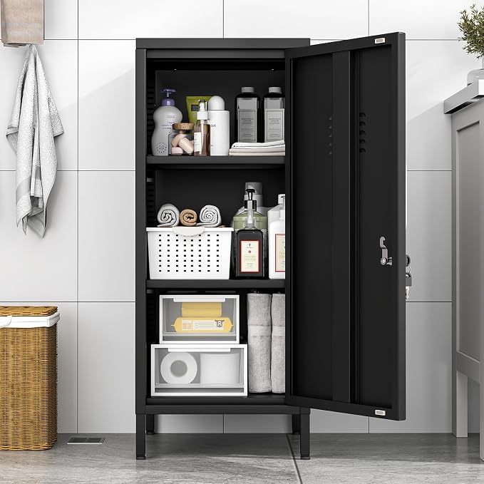 Black Metal Locker Cabinet, 35.4" H Home Office Storage Lockers, Vertical Steel Storage Cabinet with Locking Door and 2 Adjustable Shelves, Garage Tool File Cabinets for Home Office,Garage,Bathroom