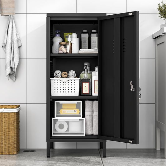 Black Metal Locker Cabinet, 35.4" H Home Office Storage Lockers, Vertical Steel Storage Cabinet with Locking Door and 2 Adjustable Shelves, Garage Tool File Cabinets for Home Office,Garage,Bathroom
