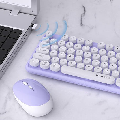 UBOTIE Colorful Wireless Keyboard and Mouse Combos, Retro Typewriter Floating Flexible Full-Sized Keys Computer Keyboard with Optical Mouse, 2.4GHz USB-A Connection for Windows Mac (Purple-White)
