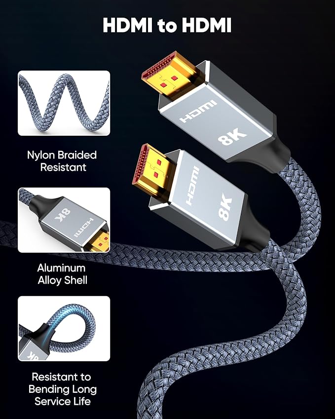 Capshi 30ft 8K 4K@120Hz HDMI Cable 2.1, 48Gbps High Speed Cord for PS5/4, TV, Gaming Console, Monitor, 8K@60Hz, 2K@240Hz, 144Hz, Support HDR, eARC, DTS:X, HDCP 2.2 & 2.3, Braided, Grey