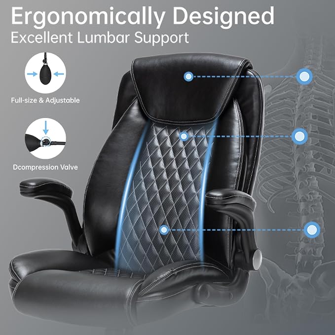 Heavy-Duty Executive Office Chair with Ergonomic Design, 300LBS PU Leather Chair with Adjustable Lumbar Support, 360° Swivel, Reclining Backrest, and Flip-Up Armrests for Big and Tall People(Black)