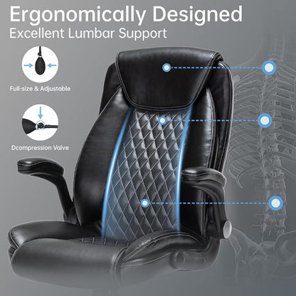 Heavy-Duty Executive Office Chair with Ergonomic Design, 300LBS PU Leather Chair with Adjustable Lumbar Support, 360° Swivel, Reclining Backrest, and Flip-Up Armrests for Big and Tall People(Black)