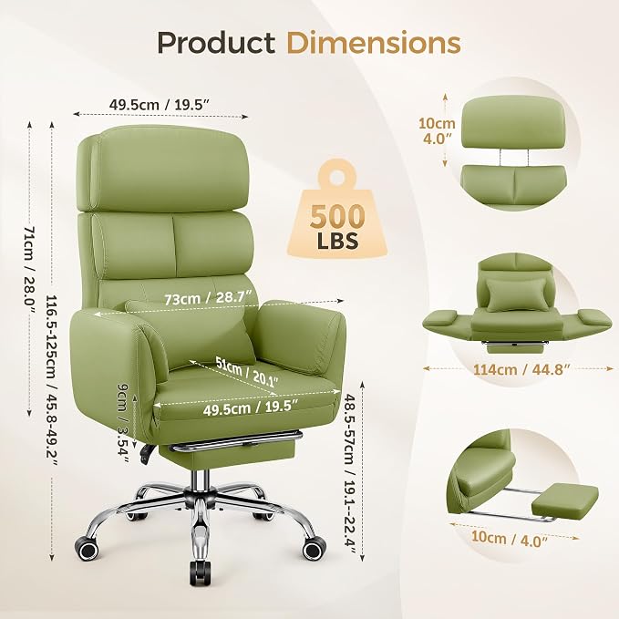 Big and Tall Office Chair 500LBS, Ergonomic High Back Leather Executive Chair, Reclining Swivel with Adjustable Armrests Lumbar Support Footrest, Cross Legged, Green