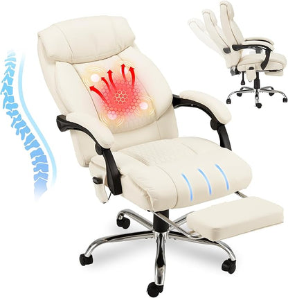 HOMREST Heated Office Chair, Beige | Vibrating Massage, Ergonomic Executive Desk Chair, Retractable Footrest and Lumbar Support, High-Back Reclining PU Leather