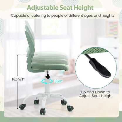 POWERSTONE Small Home Office Desk Chair, Swivel Rolling Study Computer Chair, Adjustable Height Task Chair with Armless Mid Back, Upholstered Mesh Seat, Light Green