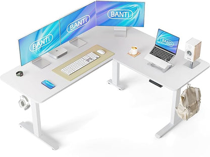 BANTI L-Shaped Standing Desk - 63 x 55 Inch Adjustable Corner Standing Desk with Charging Station - L Shape Sit Stand Table with Memory Controller, Splice Board for Home Office, White