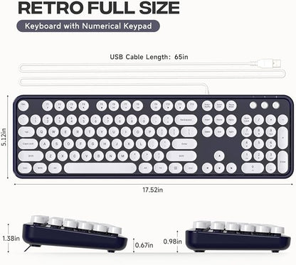 MOWUX Computer Keyboard Wired, Plug and Play USB Retro Round Typewriter Keyboard, Full Size Wired Keyboard with Foldable Stands for Laptop and Office PC- Dark Blue