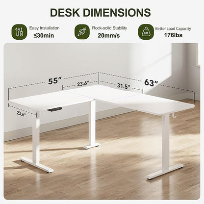 BANTI L-Shaped Standing Desk - 63 x 55 Inch Adjustable Corner Standing Desk with Charging Station - L Shape Sit Stand Table with Memory Controller, Splice Board for Home Office, White