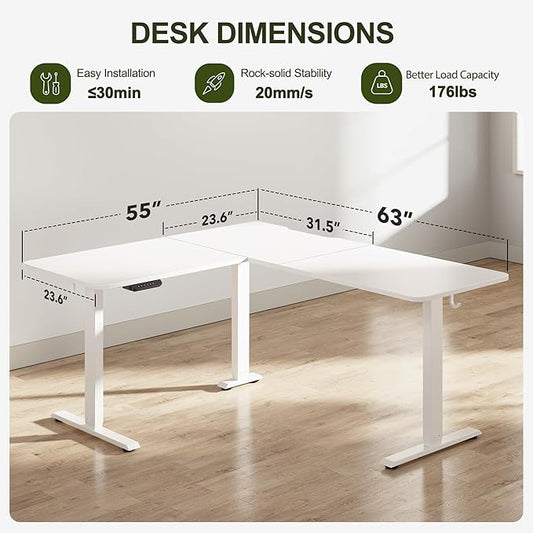 BANTI L-Shaped Standing Desk - 63 x 55 Inch Adjustable Corner Standing Desk with Charging Station - L Shape Sit Stand Table with Memory Controller, Splice Board for Home Office, White