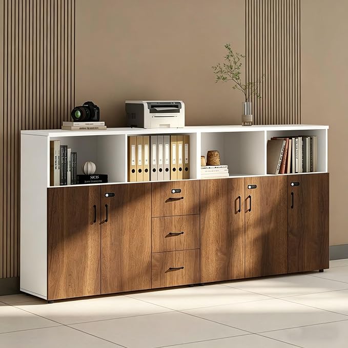 File Cabinet with Password Lock, Wood Lateral Filing Cabinet for Letter/A4 Files, 3 Drawer with Door, Printer Stand with Open Shelves for Home Office