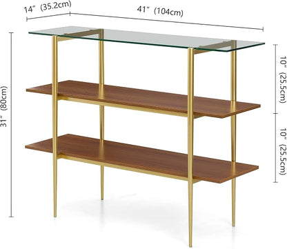 LumFurn Glass Console Table for Living Room, Foyer & Entrance, H41 x W14 x H31inch, 3-Tier Mid-Century Modern Sofa Table with Clear Glass Top, Walnut Finish Wood Shelf and Gold Finish Frame