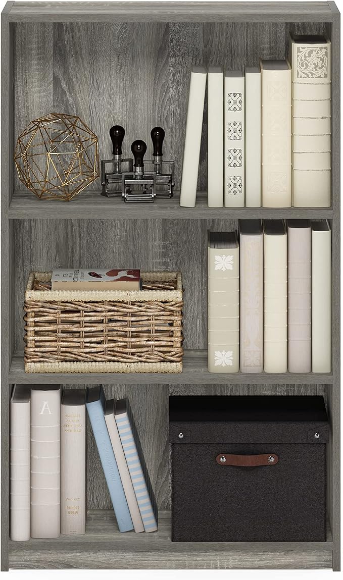 Furinno Jaya Book Shelf, 3-Tier Bookshelf, Standing Bookcase with Adjustable Shelves, 9.5 x 24.5 x 40.3, for Organization and Storage, for Living Room, Bedroom, Home Office, Grey Oak