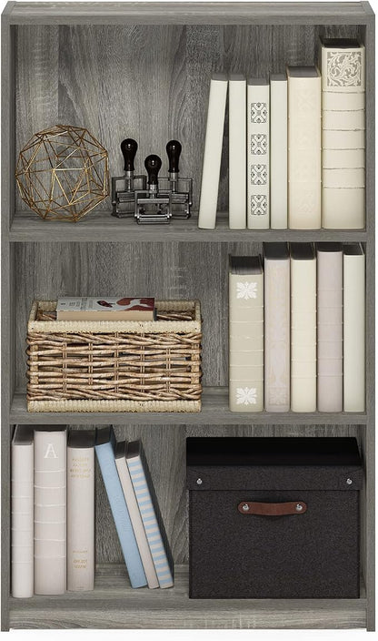 Furinno Jaya Book Shelf, 3-Tier Bookshelf, Standing Bookcase with Adjustable Shelves, 9.5 x 24.5 x 40.3, for Organization and Storage, for Living Room, Bedroom, Home Office, Grey Oak