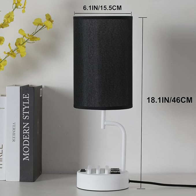 Dreamholder Table Lamp with 3 USB Charging Ports, Modern Desk Lamp with AC Outlet and Phone Stands, Perfect Bedside Lamp for Bedroom, Living Room, Office (Pack of 2), White&Black