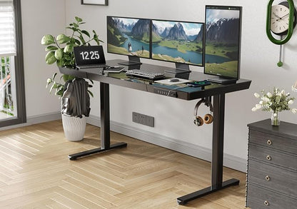 Claiks Glass Standing Desk with Drawers, 55 Inch Adjustable Stand Up Desk, Quick Install Home Office Computer Desk with USB Ports, Black