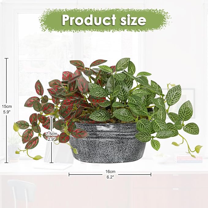 Artificial Plants Indoor 5.9" Faux Plant in Metal Pot, Small Fake Potted Plants with 2 Mixed Leaves Greenery Silk Plant for Living Room Desk Office Table Kitchen Farmhouse Shelf Home Vintage Decor