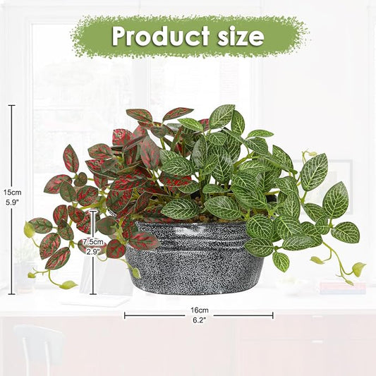 Artificial Plants Indoor 5.9" Faux Plant in Metal Pot, Small Fake Potted Plants with 2 Mixed Leaves Greenery Silk Plant for Living Room Desk Office Table Kitchen Farmhouse Shelf Home Vintage Decor