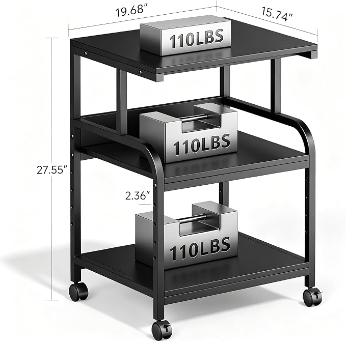 Printer Stand, 20×16×28'' Metal Printer Table with Wheels, 3 Tier Rolling Cart with Adjustable Storage Shelf, Space Saving 3D Printer Desk for Home Office, Mini Fridge & Heat Press Stand, Black
