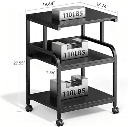 Printer Stand, 20×16×28'' Metal Printer Table with Wheels, 3 Tier Rolling Cart with Adjustable Storage Shelf, Space Saving 3D Printer Desk for Home Office, Mini Fridge & Heat Press Stand, Black