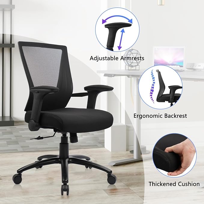 CLATINA Big and Tall Office Chair Heavy Duty Ergonomic Desk Chair 500lbs with Flip-up Arms & Wide Thick Seat Cushion Home Executive Swivel Mesh Chair for Study, Conference, Black, 14 PK