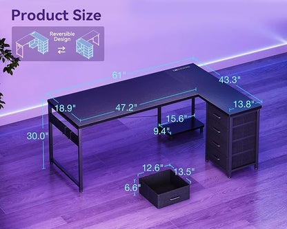 AODK L Shaped Gaming Desk with 4 Drawers, 61" Reversible Home Office Desks with Power Outlets, L Shaped Computer Desk with USB Charging Port and Host Stand, Corner Desk, Easy to Assemble, Black