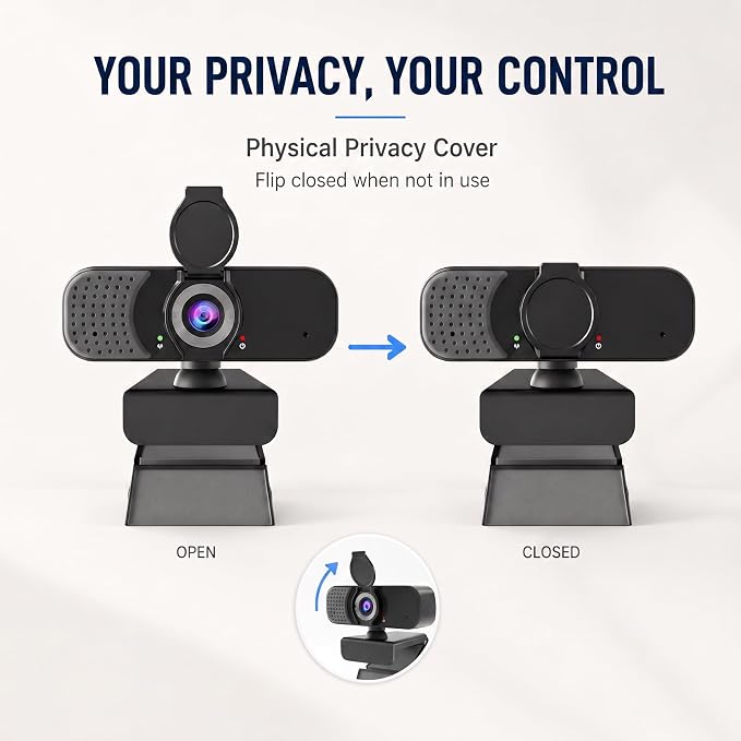 1080P Webcam with Microphone and Physical Privacy Cover, Noise Cancelling USB Web Camera, Auto Light Correction, Plug and Play, Wide Angle PC Camera for Zoom, Online Class, Laptop/Desktop