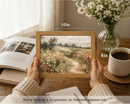 CXQILVER Framed Vintage Cottagecore Landscape Wall Art, Wildflower Meadow Path Canvas Wall Decor Rustic Farmhouse Floral Nature Artwork for Living Room Bedroom Bathroom Home Decor 8x10 inch Framed