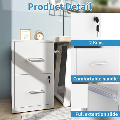 2 Drawer File Cabinet with Lock, Metal Vertical File Cabinets for Home Office, Office Furniture for Organization Hanging Legal/Letter/A4, Office File Cabinet Storage Cabinet, Require Assembly, White