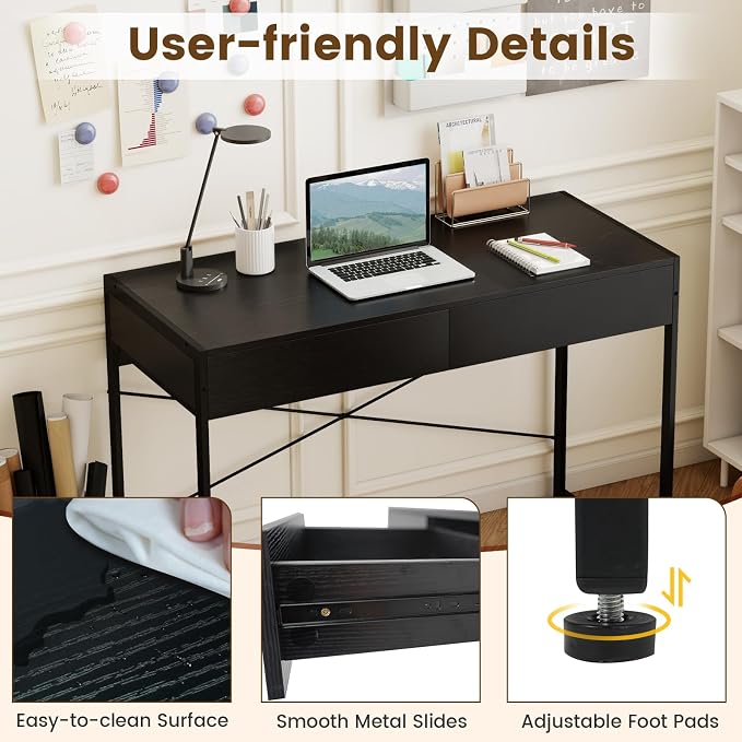 GOFLAME 44 Inch Computer Desk with 2 Drawers, Home Office Desk with Metal Frame, Small Study Writing Workstation with Storage, PC Laptop Table for Living Room, Bedroom, Study, Black