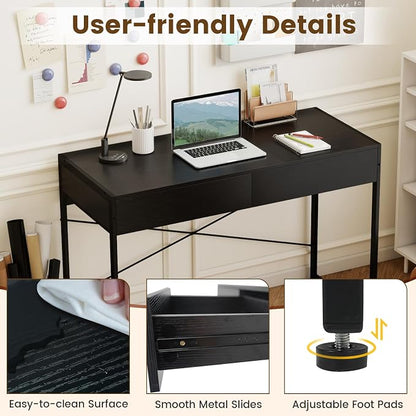 GOFLAME 44 Inch Computer Desk with 2 Drawers, Home Office Desk with Metal Frame, Small Study Writing Workstation with Storage, PC Laptop Table for Living Room, Bedroom, Study, Black