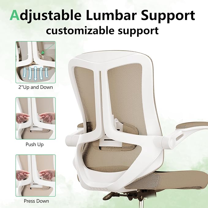 Ergonomic Office Chair with Lumbar Support, High Back Mesh Desk Chair with Flip-Up Arms, Adjustable Computer Task Chair, Khaki