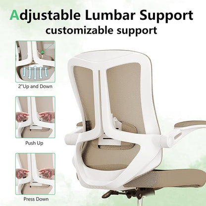 Ergonomic Office Chair with Lumbar Support, High Back Mesh Desk Chair with Flip-Up Arms, Adjustable Computer Task Chair, Khaki
