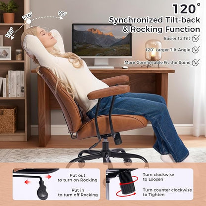 BEWISHOME Brown Leather Office Chair with Quiet Rubber Wheels | 380 lb Capacity, 22" Wide Seat, Removable Armrests, Lumbar Support ,Ergonomic Design for Home Office. Mid Century Modern