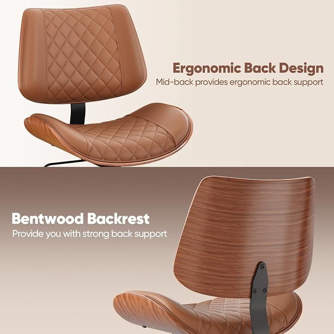 Home Office Desk Chair with Swivel Wheels, Mid-Century Modern PU Leather Armless Office Chair, Small Mid Back Computer Chair for Home Office, Meeting Room