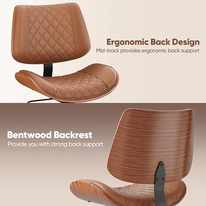 Home Office Desk Chair with Swivel Wheels, Mid-Century Modern PU Leather Armless Office Chair, Small Mid Back Computer Chair for Home Office, Meeting Room