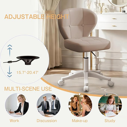 Small Office Chair with Lumbar Support, PU Leather Armless Swivel Desk Chair Adjustable Height, Compact Rolling Chair for Home Office, Bedroom, Study （Khaki Set of 2）