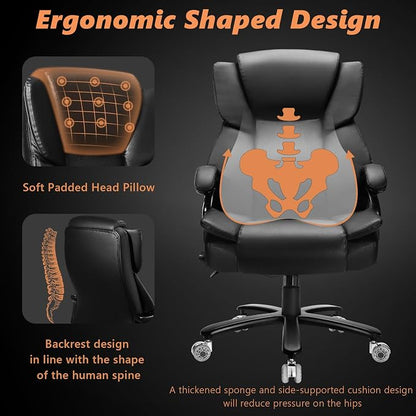Indulgear 500lbs Big and Tall Office Chair with Dual Rubber Wheel, Heavy Duty Office Chair for Low Back Pain Relief, Large Executive Desk Chair with Adjustable Lumbar Support
