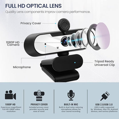 USB HD 1080P Video Webcam and Wide Angle Camera with Built-in Microphone and Rotatable Tripod,for Laptop Computer or Desktop PC,Great for Live Streaming.Calls.Video Conferencing(White)