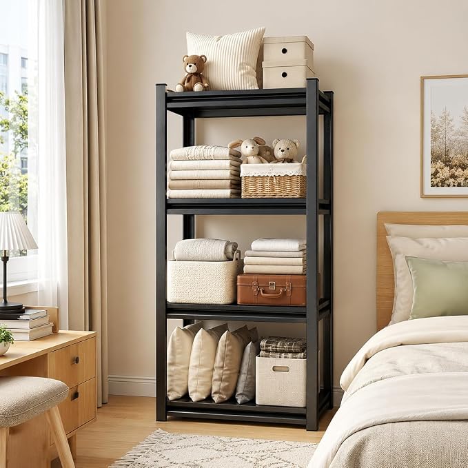 4 Tier Metal Bookshelf, Adjustable Tall Bookcase, Heavy Duty 2400 LBS Modern Deep Book Shelf, Bolt-Free Storage Shelves for Living Room, Home Office, Garage, 13.8" Wx 11.8" Dx 44.1" H