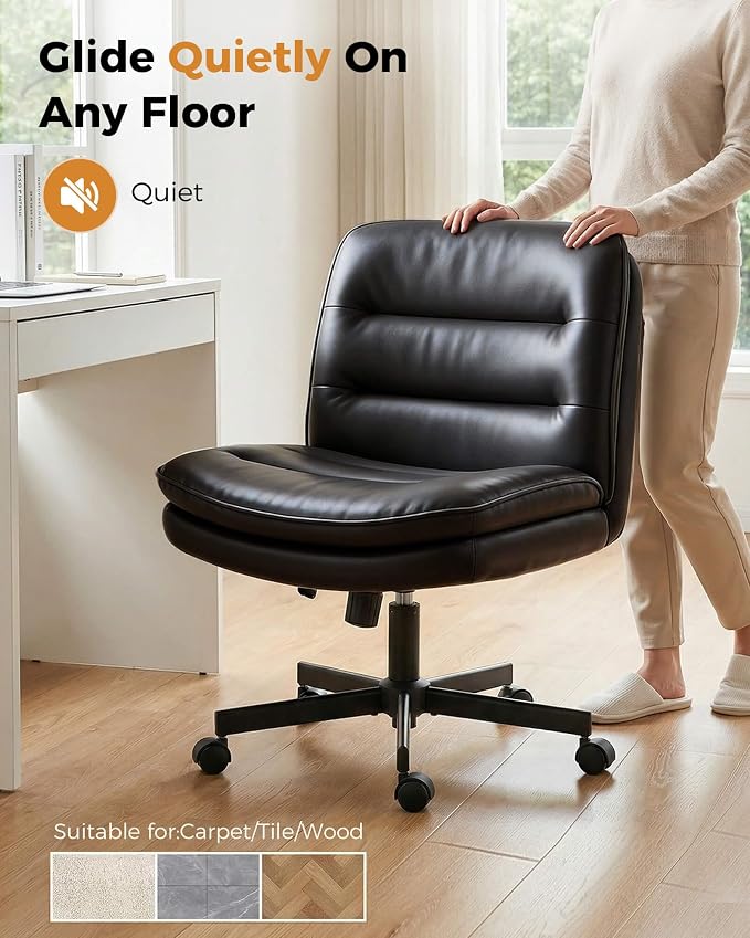 COMHOMA Cross Legged Office Chair with Wheels Armless Office Desk Chair, Modern Vanity Computer Task Chairs for Home Bedroom, Comfortable Wide Seat for Lower Back Pain Relief, PU Leahter, Black