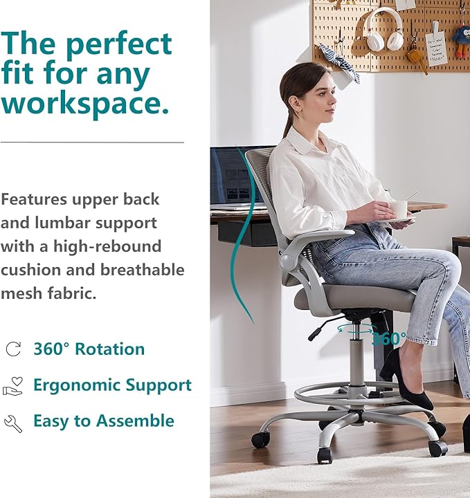 DUMOS Drafting Chair for Standing Desk, Flip-up Arms, Counter Height Adjustable, Ergonomic Mid Back Mesh Rolling Work 360°Swivel Home Office Computer Chairs with Wheels, Grey