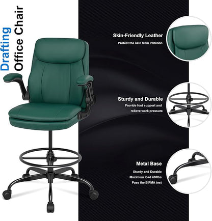 Misolant Drafting Chair, Tall Office Chair for Standing Desk, High Leather Executive Office Chair with Adjustable Height and Flip-up Armrest for Counter Height Desk Green