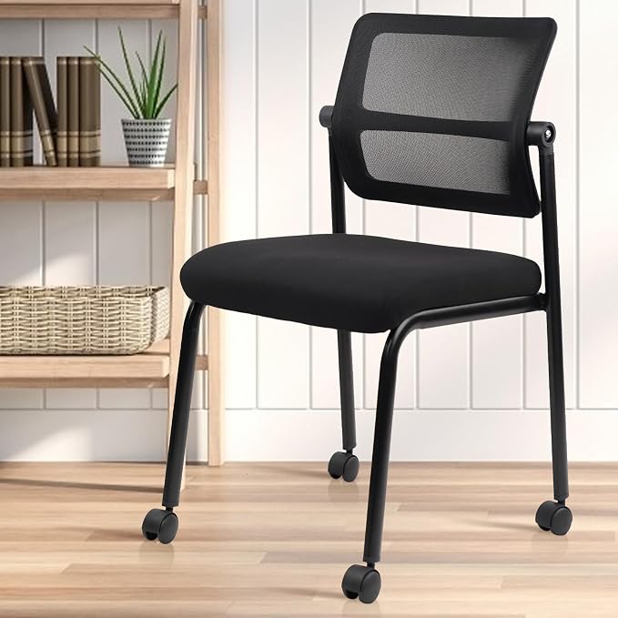 CLATINA Stackable Mesh Office Chair with Wheels Armless Guest Waiting Stacking Chair with Ergonomic Lumbar Support & Leather Seat Cushion, for Conference, Lobby, School, Reception, Black