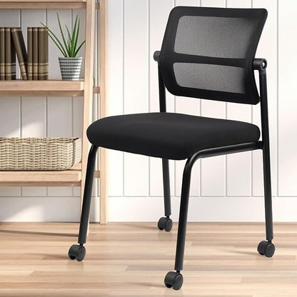 CLATINA Stackable Mesh Office Chair with Wheels Armless Guest Waiting Stacking Chair with Ergonomic Lumbar Support & Leather Seat Cushion, for Conference, Lobby, School, Reception, Black