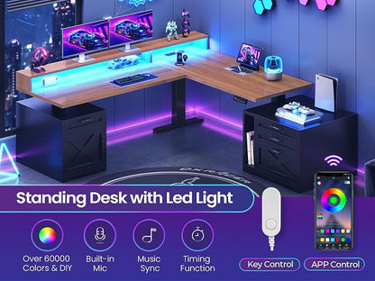 SEDETA Farmhouse L Shaped Standing Desk, 70.1" x 73.2" Height Adjustable Home Office Executive Desk with Drawers, Power Outlet, Monitor Stand, Sit Stand Table with Led Lights for Home Office, Black
